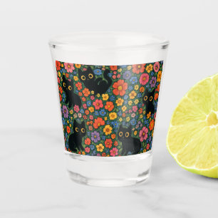 Kawaii Garden Art   Cute Black Cat Floral Pattern Shot Glass