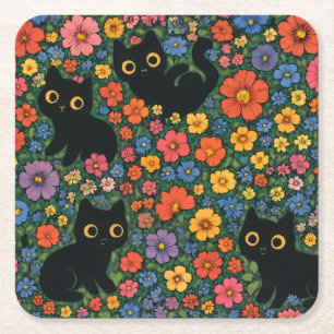 Kawaii Garden Art Cute Black Cat Floral Pattern Square Paper Coaster