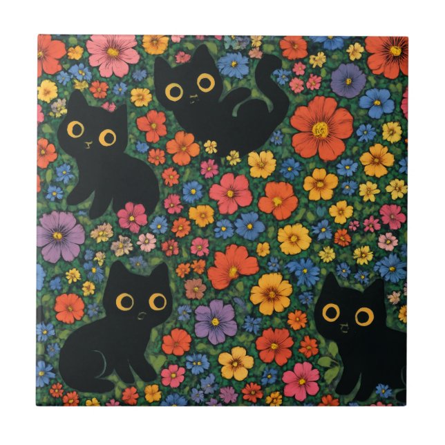 Kawaii Garden Art | Cute Black Cat Floral Pattern Tile (Front)