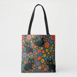 Kawaii Garden Art Cute Black Cat Floral Pattern Tote Bag