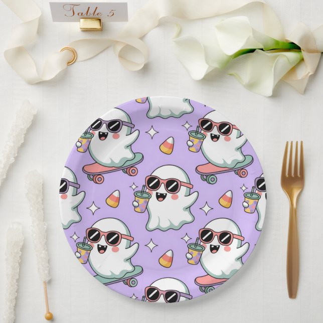 Kawaii Ghost Bubble Tea Pattern –Cute Pastel Ghost Paper Plate (Wedding)