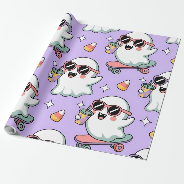 Kawaii Ghost Bubble Tea Pattern –Cute Pastel Ghost Wrapping Paper (Unrolled)