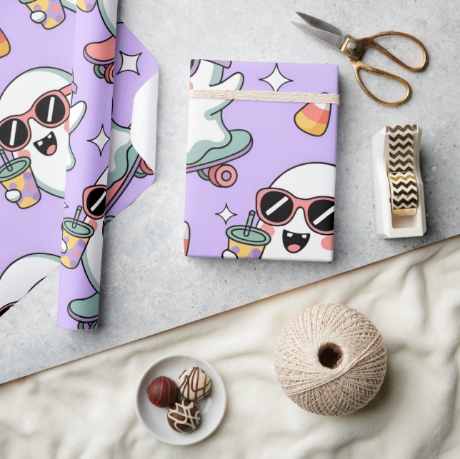 Kawaii Ghost Bubble Tea Pattern –Cute Pastel Ghost Wrapping Paper (Crafts)