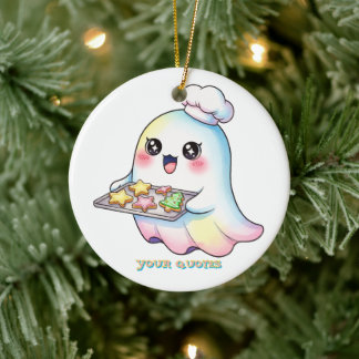 Kawaii Ghost Chef With Christmas Cookies Ceramic Tree Decoration