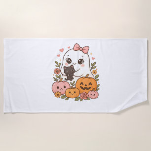 Kawaii Ghost Halloween Black Cat Pumpkin Fall Spoo Beach Towel