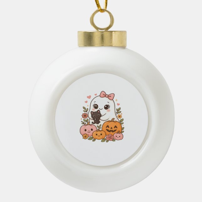 Kawaii Ghost Halloween Black Cat Pumpkin Fall Spoo Ceramic Ball Christmas Ornament (Front)