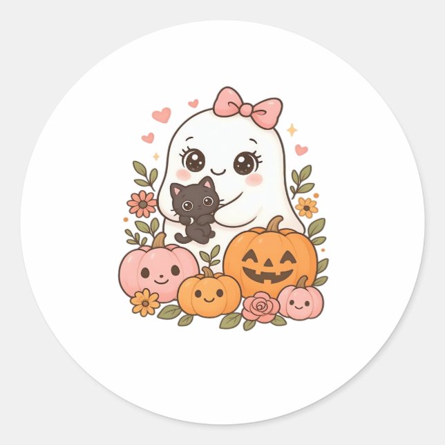Kawaii Ghost Halloween Black Cat Pumpkin Fall Spoo Classic Round Sticker (Front)