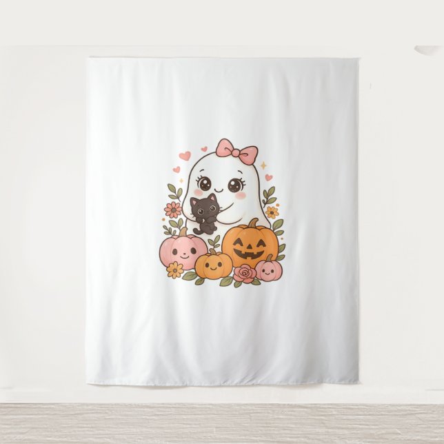 Kawaii Ghost Halloween Black Cat Pumpkin Fall Spoo Tapestry (Front)