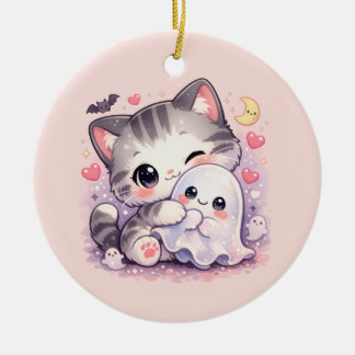 Kawaii Ghost Hug Kitty Ceramic Tree Decoration