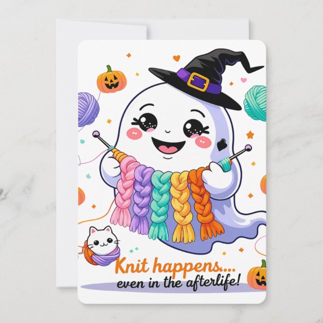 Kawaii Ghost Knitting Halloween Invitation Sticker (Front)