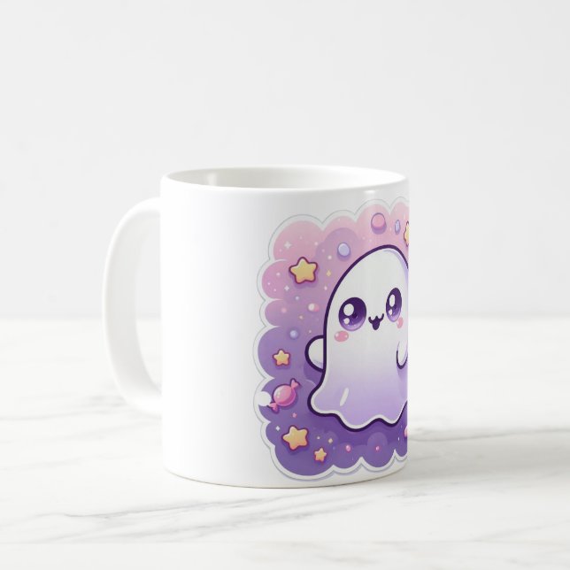 Kawaii Ghost Mug Cute Pastel Halloween Coffee Cup (Front Left)
