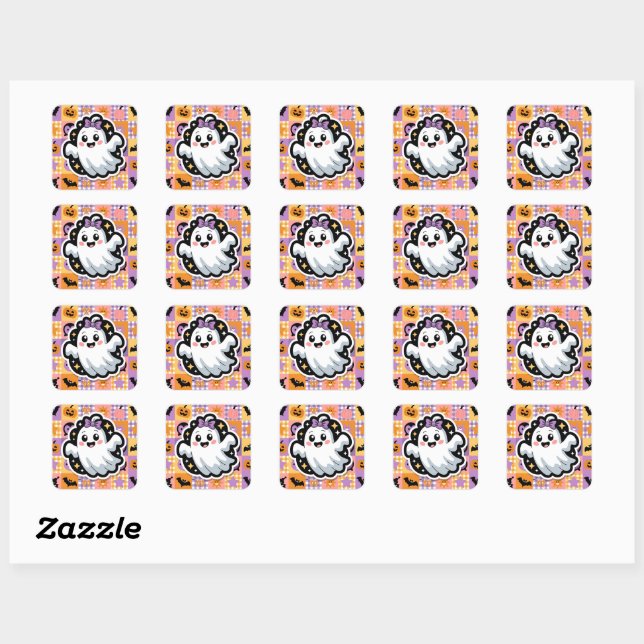 Kawaii Ghost Paper & Party Plates – Cute Patchwork Square Sticker (Sheet)