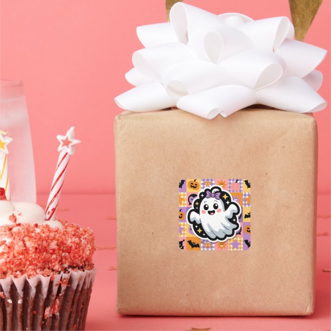 Kawaii Ghost Paper & Party Plates – Cute Patchwork Square Sticker (Party)