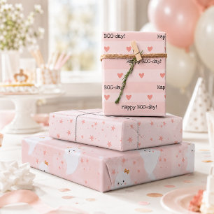 Kawaii Ghost Pink Halloween Birthday Wrapping Paper Sheet