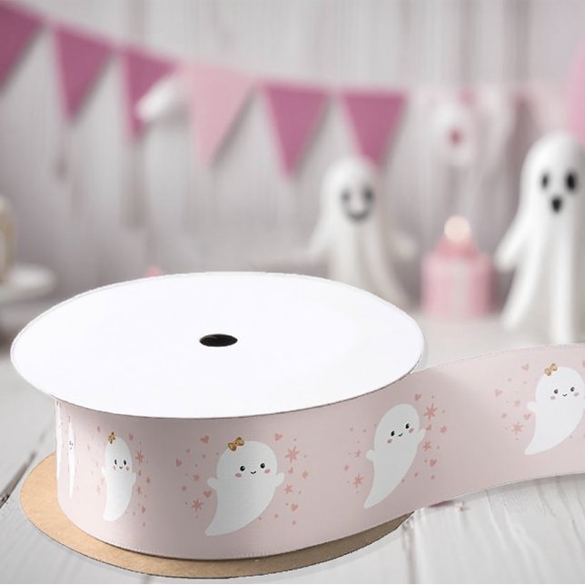 Kawaii Ghost Pink Halloween Satin Ribbon (Kawaii Ghost Pink Halloween Birthday Ribbon)