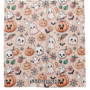 Kawaii Ghost Pumpkin Halloween Orange Pattern Shower Curtain