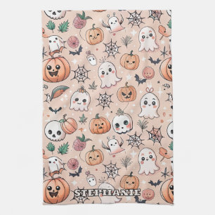 Kawaii Ghost Pumpkin Halloween Orange Pattern Tea Towel