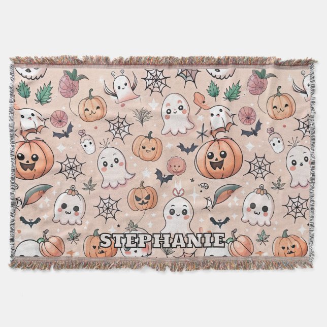Kawaii Ghost Pumpkin Halloween Orange Pattern Throw Blanket (Front)
