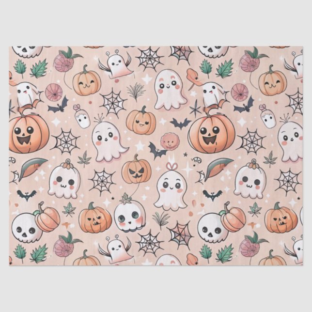 Kawaii Ghost Pumpkin Halloween Orange Pattern Tissue Paper (Front)