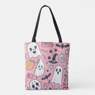 Kawaii Ghost Tote Bag – Cute Halloween Pastel Pink