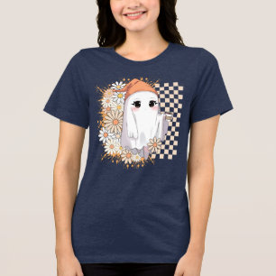 Kawaii Ghost with Coffee and Daisies - Cute Cosy Tri-Blend Shirt