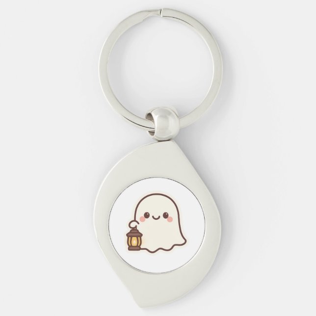 Kawaii Ghost with Lantern – Cute Spirit Design Key Ring (Front)