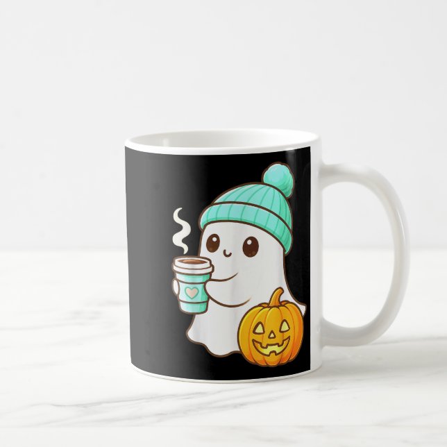 Kawaii Ghost With Pumpkin Coffee Cosy Halloween Au Coffee Mug (Right)