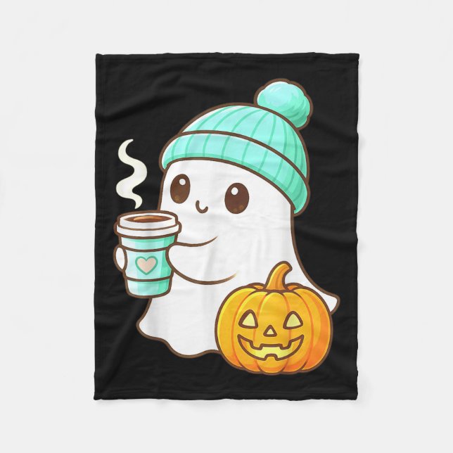 Kawaii Ghost With Pumpkin Coffee Cosy Halloween Au Fleece Blanket (Front)