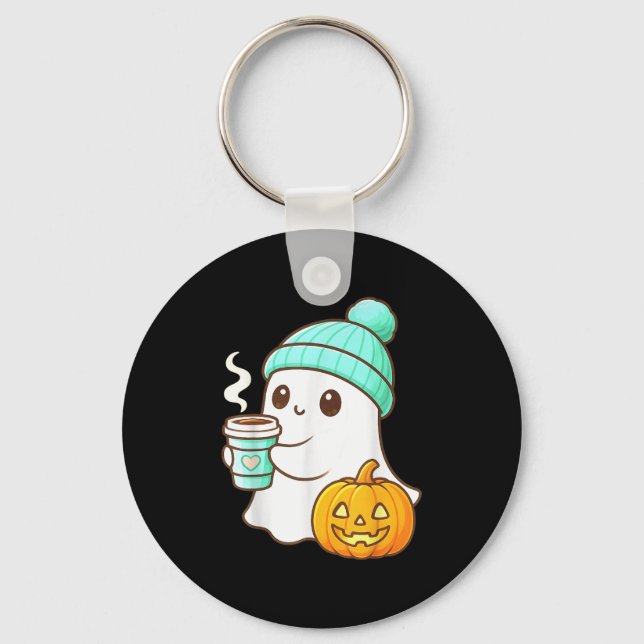 Kawaii Ghost With Pumpkin Coffee Cosy Halloween Au Key Ring (Front)