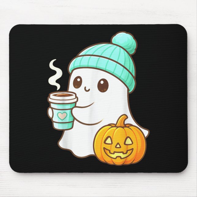 Kawaii Ghost With Pumpkin Coffee Cosy Halloween Au Mouse Mat (Front)