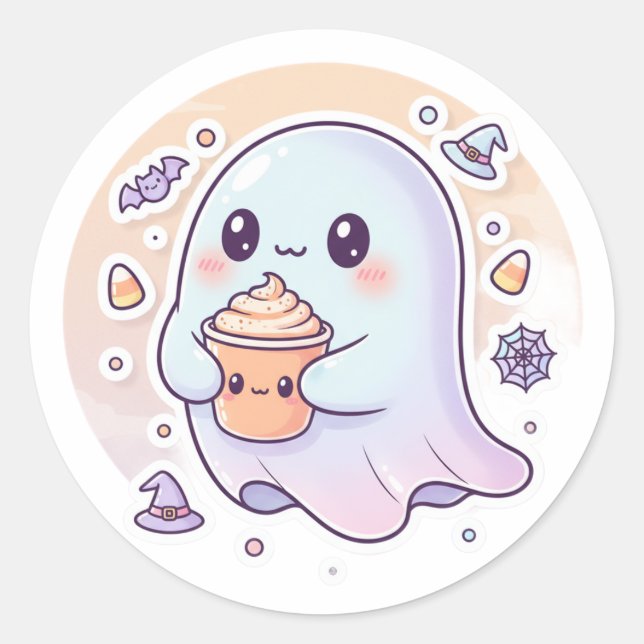 Kawaii Ghost with Pumpkin Latte – Cute Halloween S Classic Round Sticker (Front)