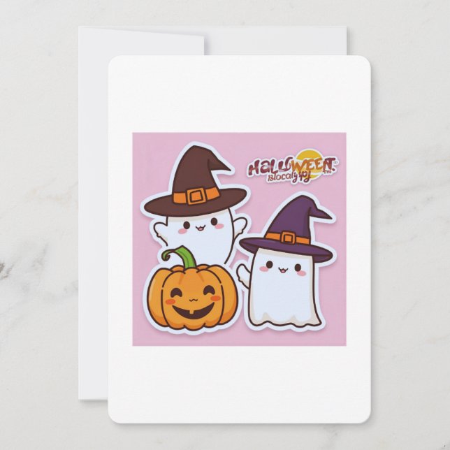 Kawaii Ghosts and Pumpkin Halloween Greeting Card. Invitation (Front)