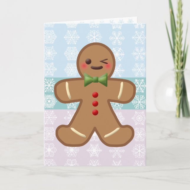 Kawaii Gingerbread Man & Snowflakes Holiday Card (Front)