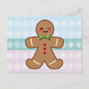 Kawaii Gingerbread Man & Snowflakes Postcard