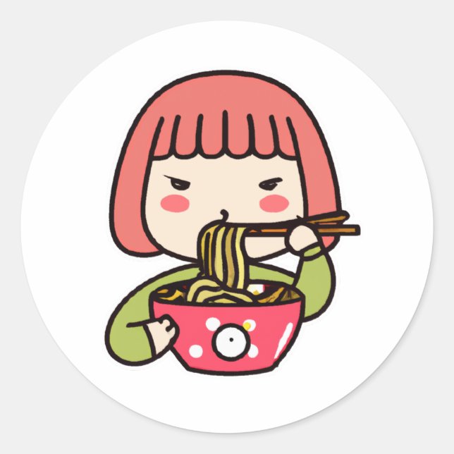 Kawaii Girl eating Ramen with Chopsticks Classic Round Sticker (Front)