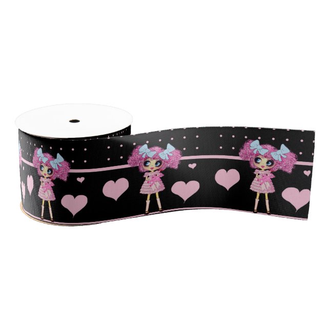Kawaii Girl PinkP - trendy black pink hearts Grosgrain Ribbon (Spool)
