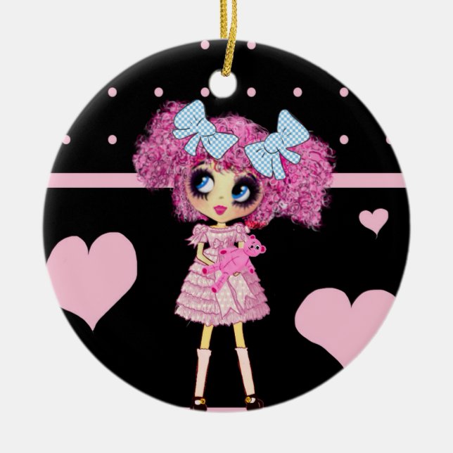 Kawaii Girl PinkyP black pink hearts Ceramic Tree Decoration (Front)