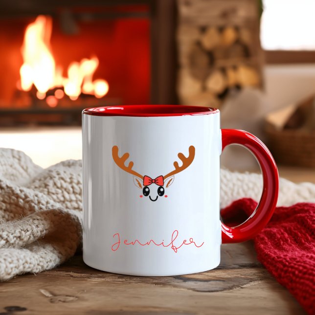 Kawaii Girl Reindeer Face Custom Name Christmas Two-Tone Coffee Mug (Creator Uploaded)