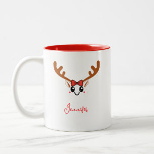 Kawaii Girl Reindeer Face Custom Name Christmas Two-Tone Coffee Mug