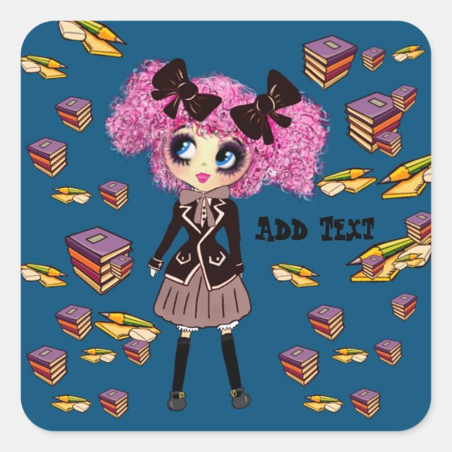 Kawaii Girl Student Gifts with PinkyP Square Sticker (Front)
