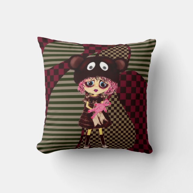 Kawaii Girl why so sad? Crying child with bear Cushion (Front)