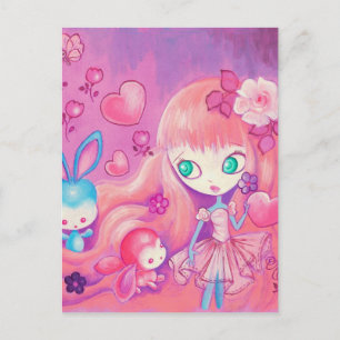 Kawaii Girl With Cute Bunnies Postcard