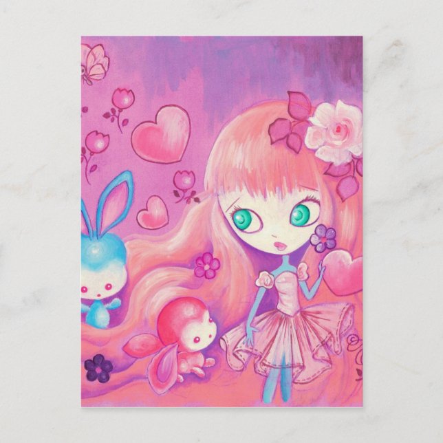 Kawaii Girl With Cute Bunnies Postcard (Front)