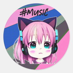 Kawaii Girl with Headphones on Classic Round Sticker