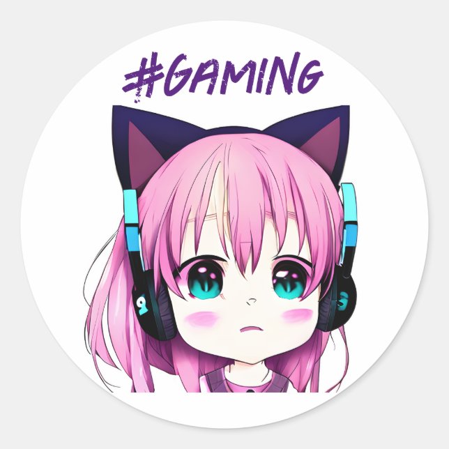 Kawaii Girl with Headphones on Classic Round Sticker (Front)