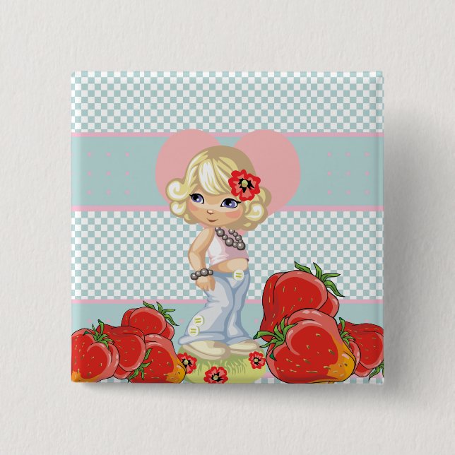Kawaii girl with strawberries very cute 15 cm square badge (Front)