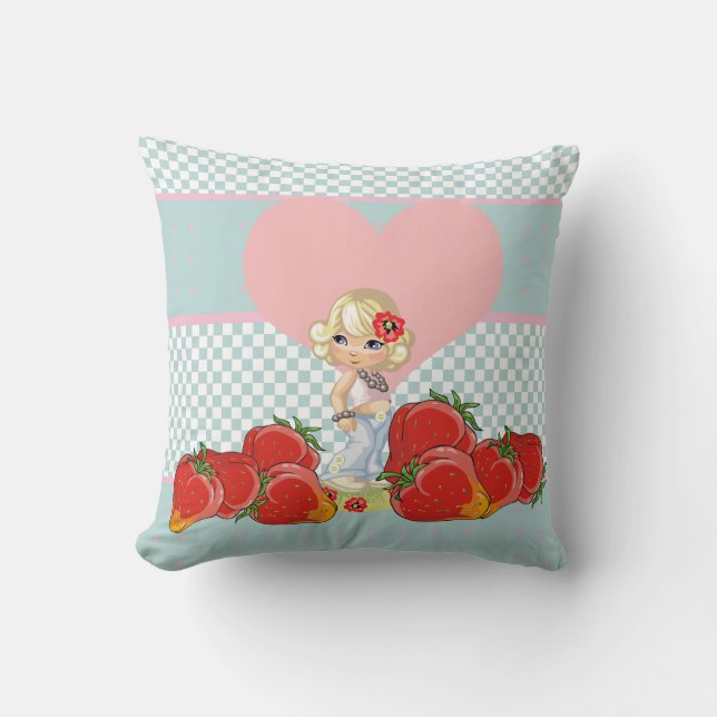 Kawaii girl with strawberries very cute cushion (Front)