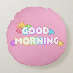 Kawaii Good Morning Sun & Rainbow Clouds Round Cushion