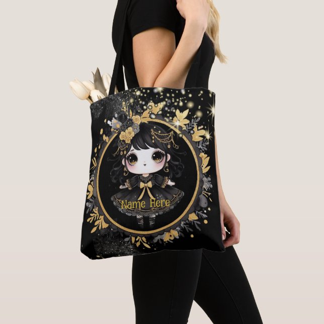 Kawaii Goth Girls Cute Personalised Gothic Chibi Tote Bag (Close Up)