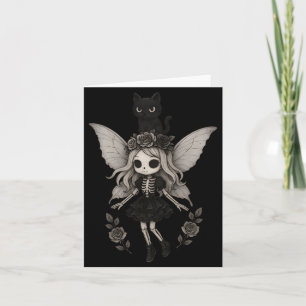 Kawaii Goth Skeleton Fairy With Black Cat Card